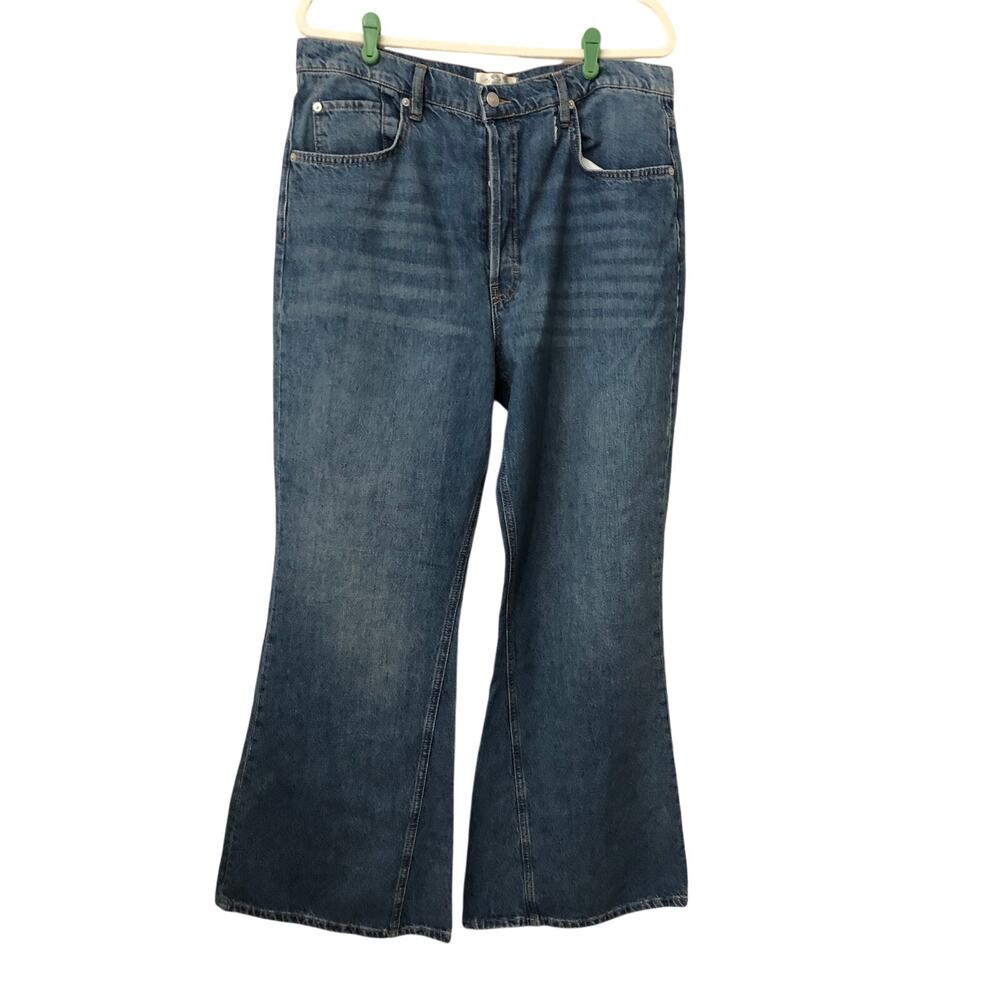 Free People Dawn Flare Jeans Size 32 Blue High Rise Button Fly Boho Retro Flawed
